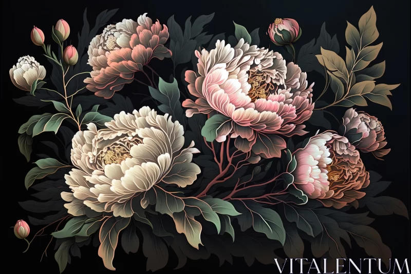 Ethereal Elegance: Large Light Peonies with Buds on a Dark Background AI Image