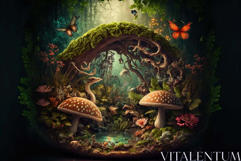 Magical Haven: Garden of Enchanted Mushrooms in the Woods, A Retreat for Wild Animals in the Summer AI Image