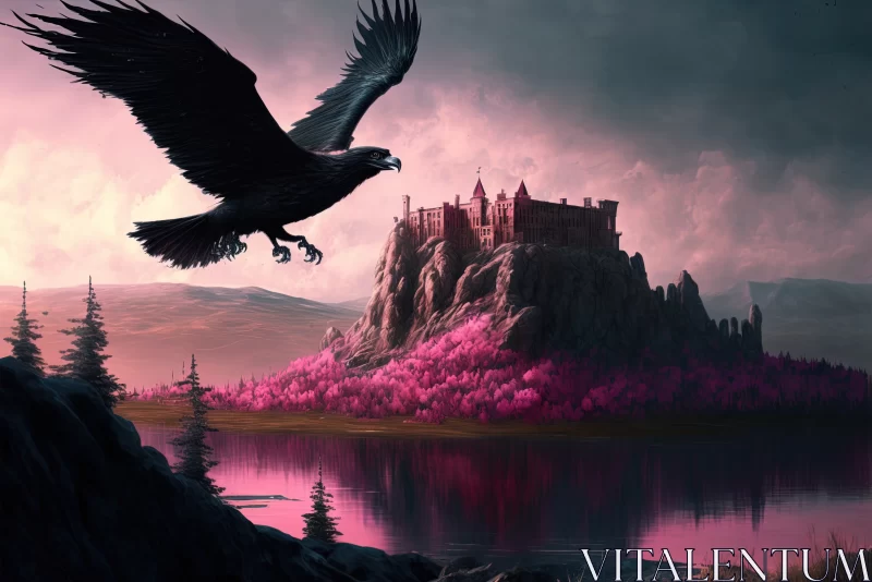 Realm of Tranquility: Black Eagle's Majestic Flight Over a Pink Landscape and Enchanting Castle AI Image