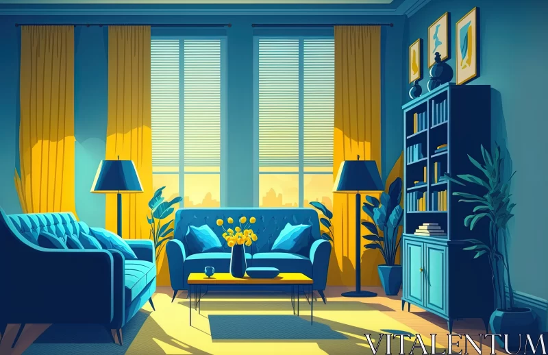 Contemporary Oasis: Vibrant Blue and Yellow Interior Design AI Image