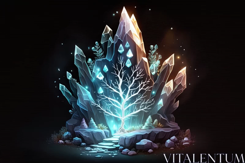 Enchanting Splendor: Glowing Crystal Christmas Tree in a Dark Cave AI Image