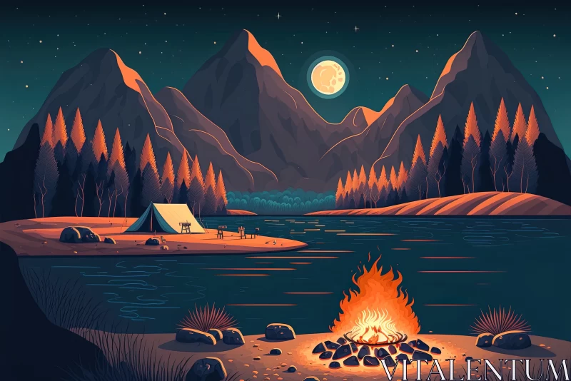 Night Camping Adventure: Bonfire, Tents, and Nature's Majesty by the River, Forest, and Mountains AI Image