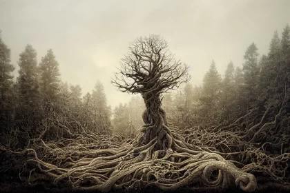 Gloomy Enigma: Forest with Twisted Tree Roots AI Image
