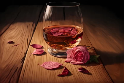 Rosy Indulgence: Glass of Rose Wine and Pink Rose Petals on Wooden Surface AI Image