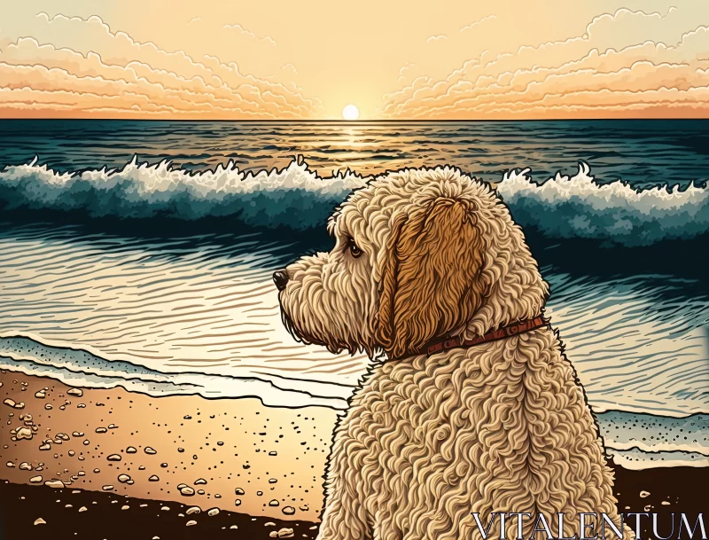 AI ART Beachside Contemplation: Goldendoodle Sitting on the Beach, Gazing into the Sunset Waves