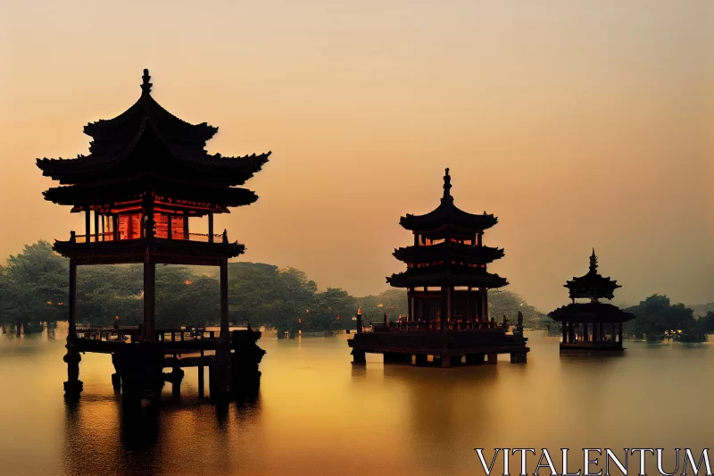 AI ART Twilight Charm: Serene Hangzhou and its Mirror-Like Ancient Pavilion