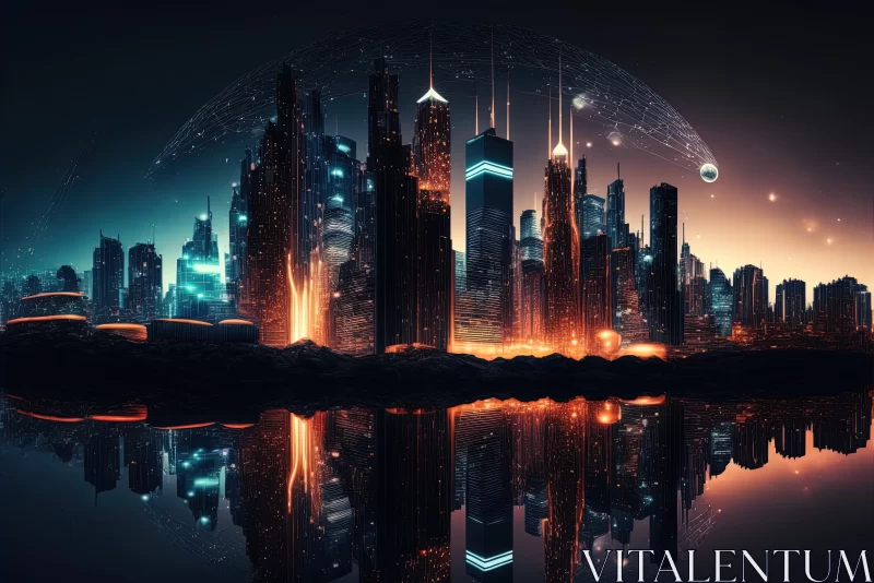 Luminous Metropolis: Illuminated Skyscrapers in the Cyber Night Cityscape AI Image