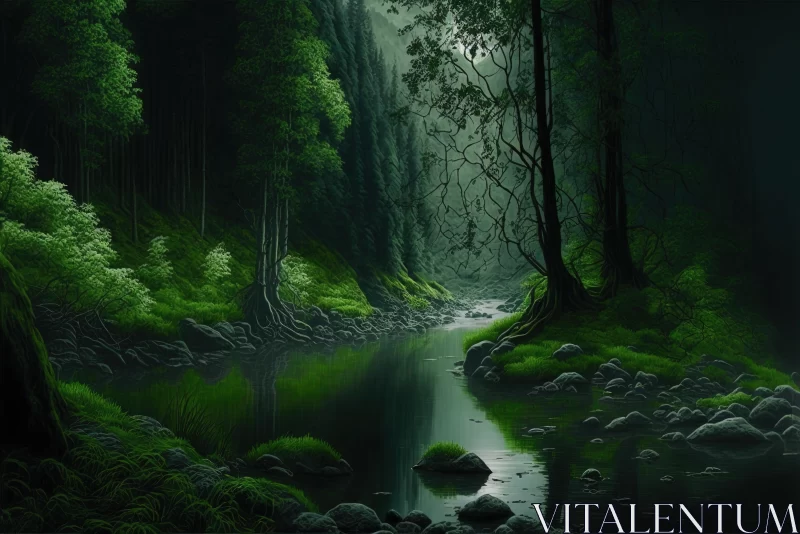 Nature's Serenity: Dark Green Forest Embraces a Tranquil River AI Image