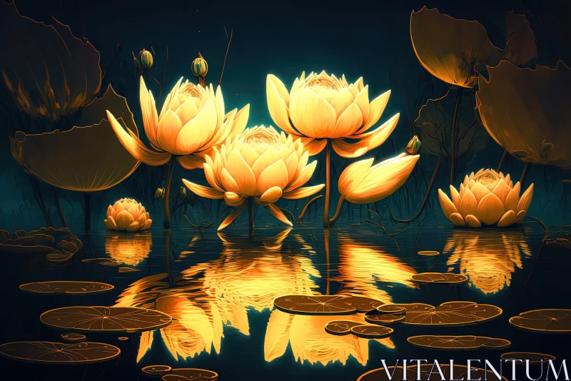 Night's Glow: Reflection of Golden Lotus Rose Blooms in the Swamp AI Image