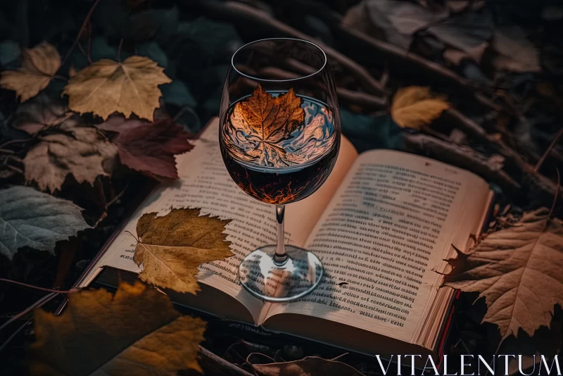 Literary Escape: A Close-Up Encounter of Books and Wine on a Background of Dried Leaves AI Image