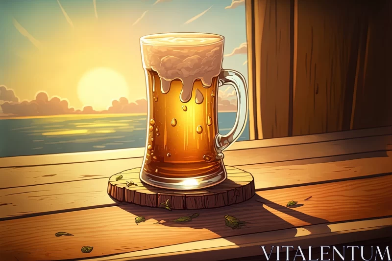 AI ART Refreshing Brew: Glass of Cold Beer on Sunlit Wooden Surface
