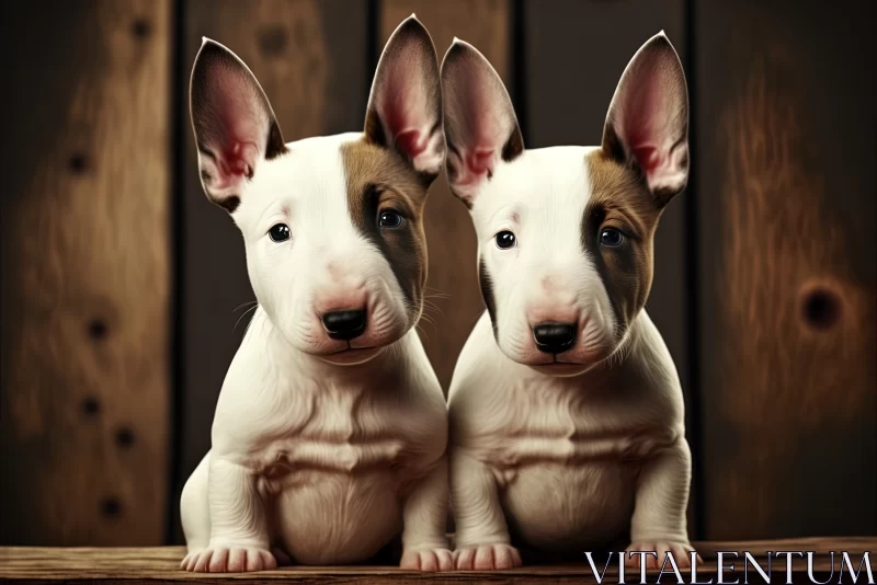 Playful Duo: Adorable Bull Terrier Puppies Enjoying a Wooden Plank AI Image