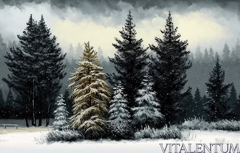 Winter Serenity: Firs and Spruces in Snowy Field on a Cloudy Day AI Image