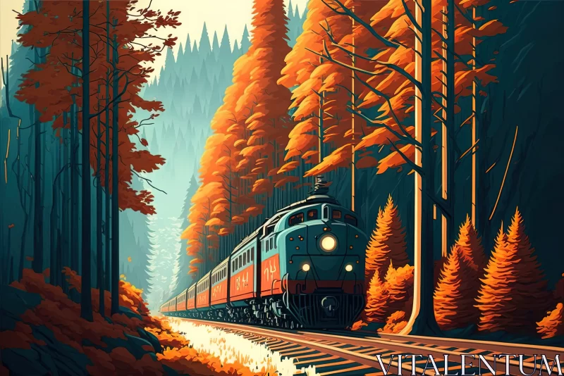Autumn Adventure Express: Whimsical Train Journey through Forest Rails AI Image