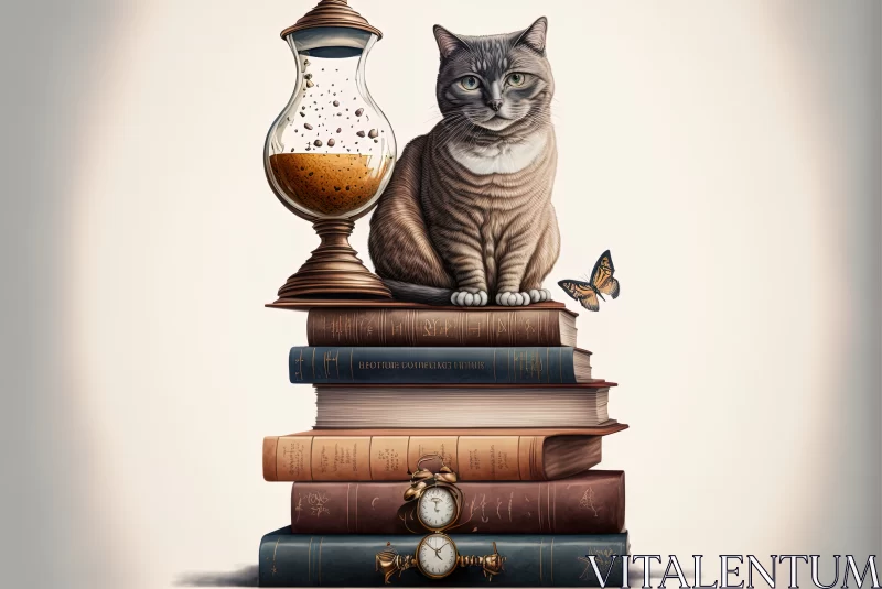 Whimsical Literary Escape: A Cat, an Hourglass, and Stacks of Books AI Image