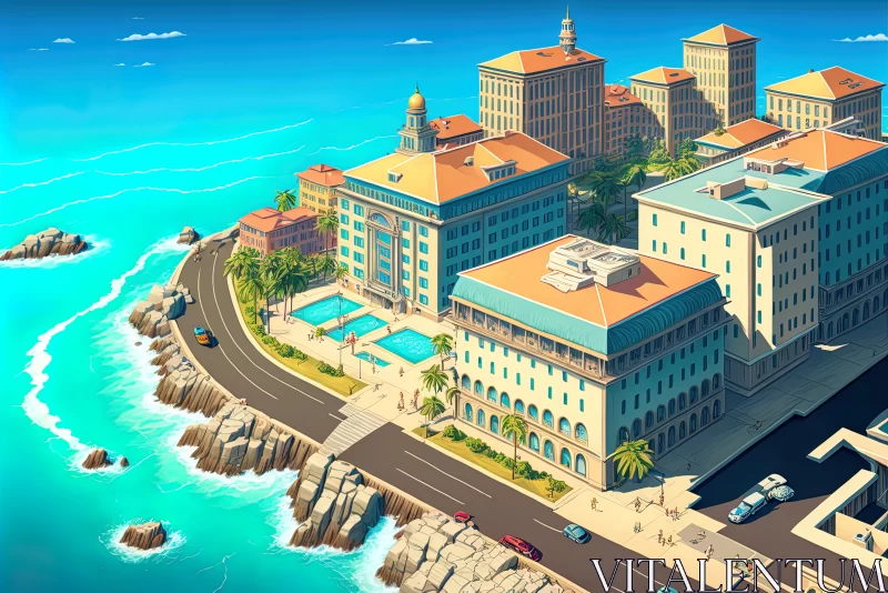 Coastal Majesty: Aerial View of Seaside Buildings under a Blue Sky AI Image