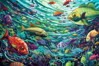Gold Green Fish amidst Hyper-Realistic Oil Poured Otherworldly Color Field