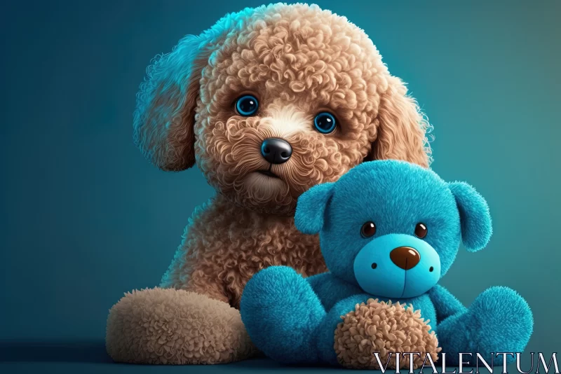 Playful Companions: Cute Little Poodle with Blue Teddy Bear Toy AI Image