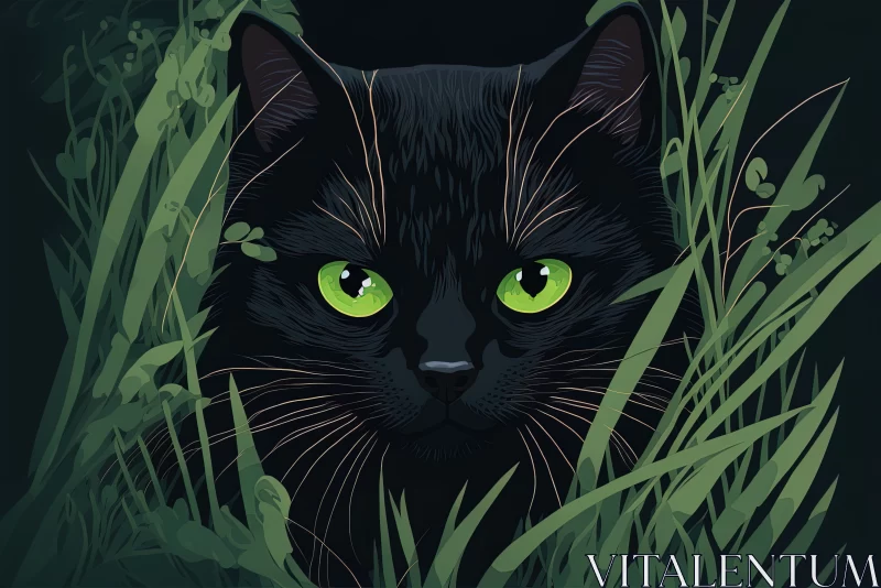 AI ART Mysterious Intrigue: Close-Up Shot of a Sneaking Black Cat in Grass