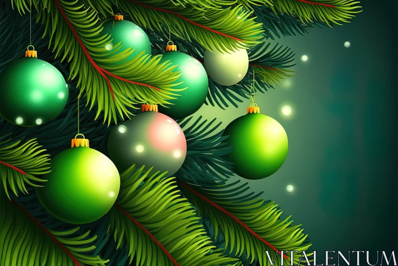 Festive Evergreen Delight: Fir Branches and Christmas Balls on a Green Background AI Image