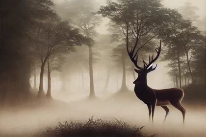 Elegant Deer in a Misty Forest on a Summer Morning AI Image