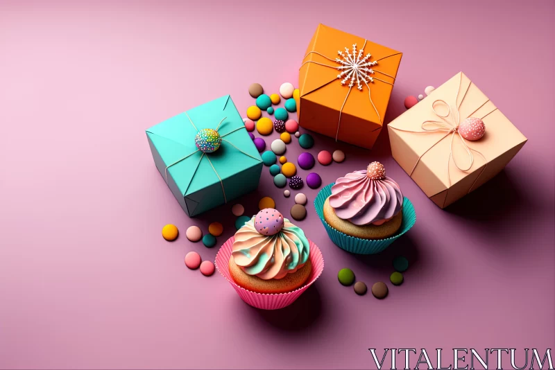 Sweet Indulgence: Colorful Muffins, Gems, and Gift Boxes Adorned in Delightful Splendor AI Image