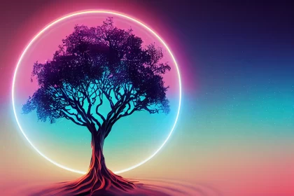 Cosmic Enchantment: Mystical Tree on a Neon Glowing Planet AI Image