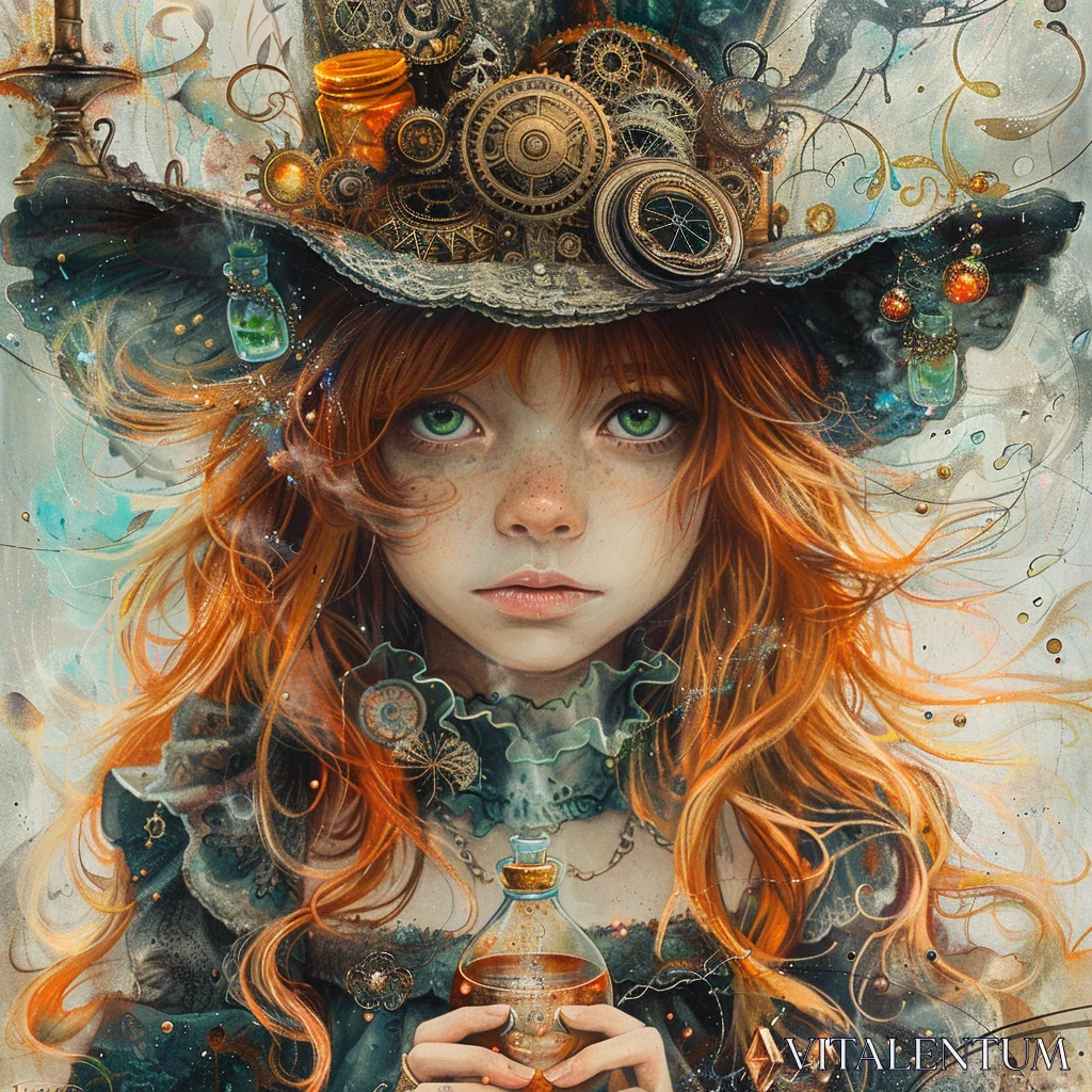 PROMPT A girl with red hair and green eyes wearing an ornate steampunk hat, holding up her magic potion