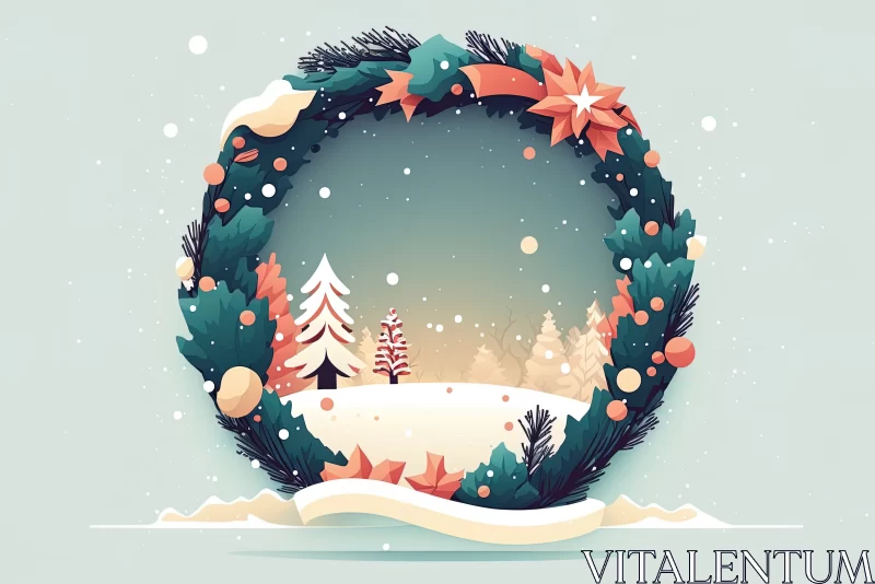 Minimalist Festivity: Cartoon Christmas Wreath Wallpaper in Chic Simplicity AI Image