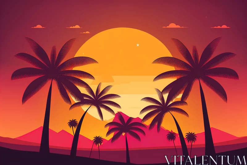 Vibrant Yellow, Pink, and Purple Sun with Palm Trees and Majestic Mountain Silhouettes AI Image