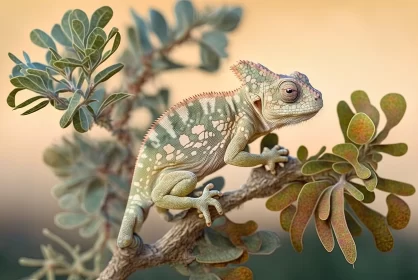 Enchanting Encounter: Baby Mediterranean Chameleon Explores a Carob Tree in Malta AI Image