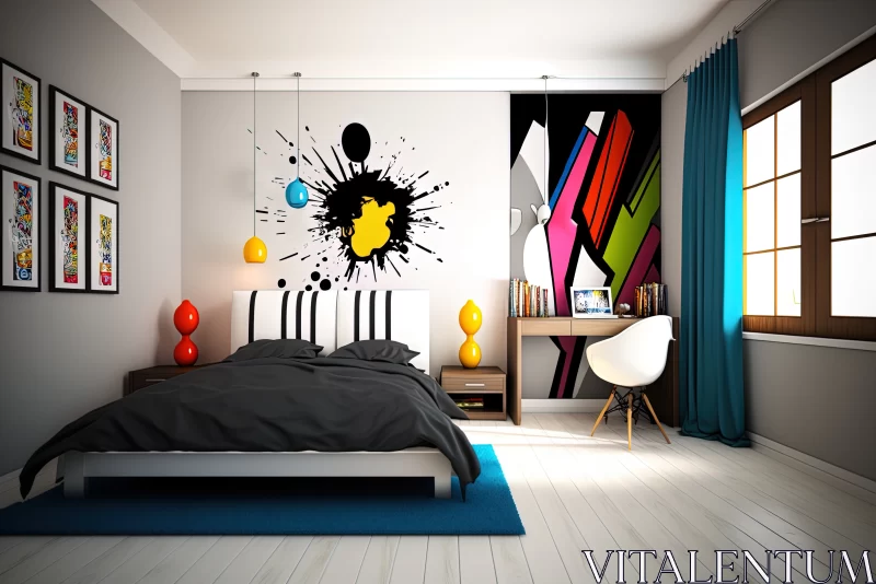 Minimalist Serenity: Modern Bedroom with Artistic Paint Splashes AI Image