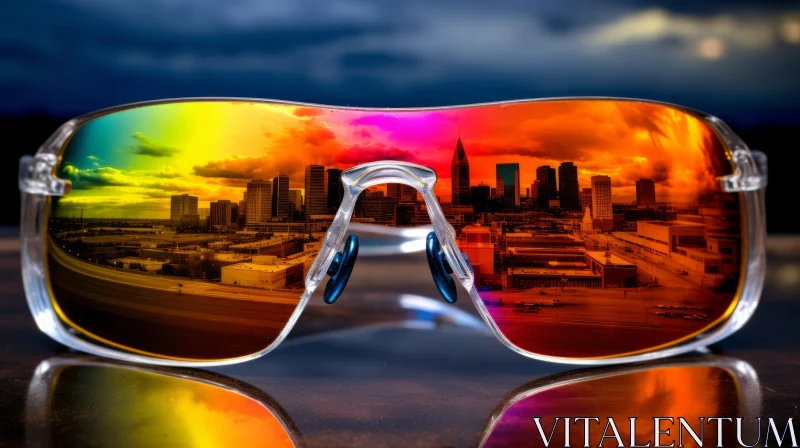 Futuristic sunglasses reflecting a vibrant city skyline at sunset.