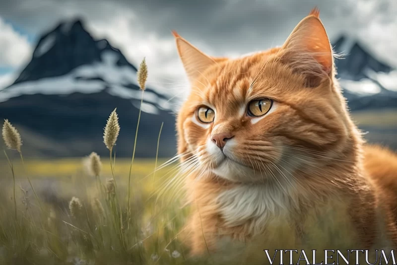 Ginger's Serenade: Cute Ginger Cat in a Field with Majestic Belukha Mountain in the Background AI Image