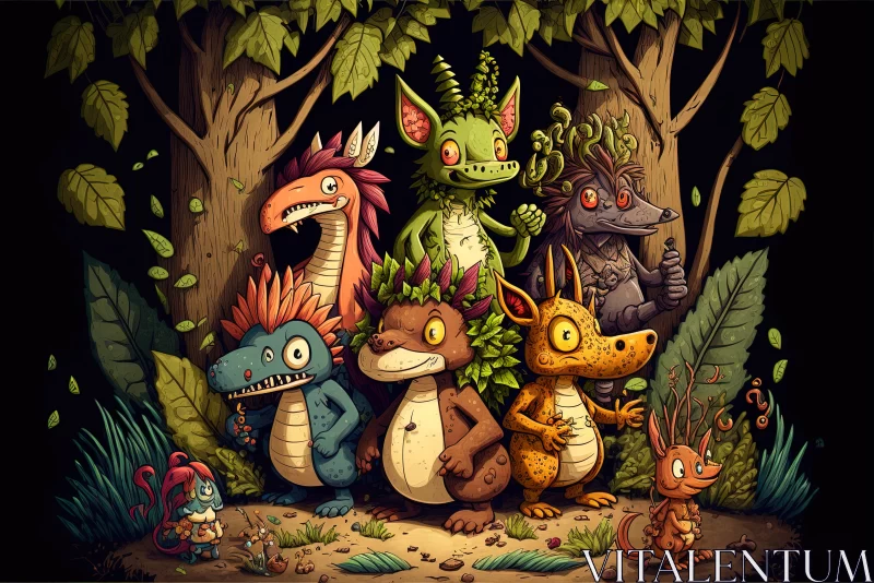 Forest Harmony: Endearing Cartoon Depiction of Enchanting Creatures AI Image