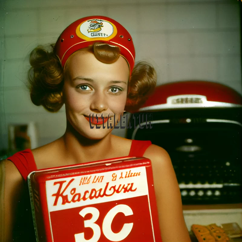 Young Waitress Girl in Red Uniform AI Image