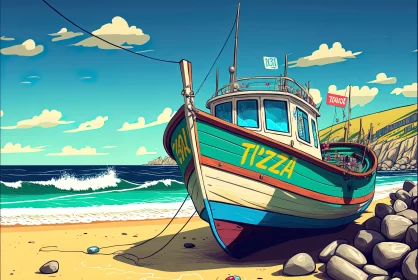 Coastal Charms: Fishing Boat on Nazaré Beach, Portugal, Bathed in Daytime Delight