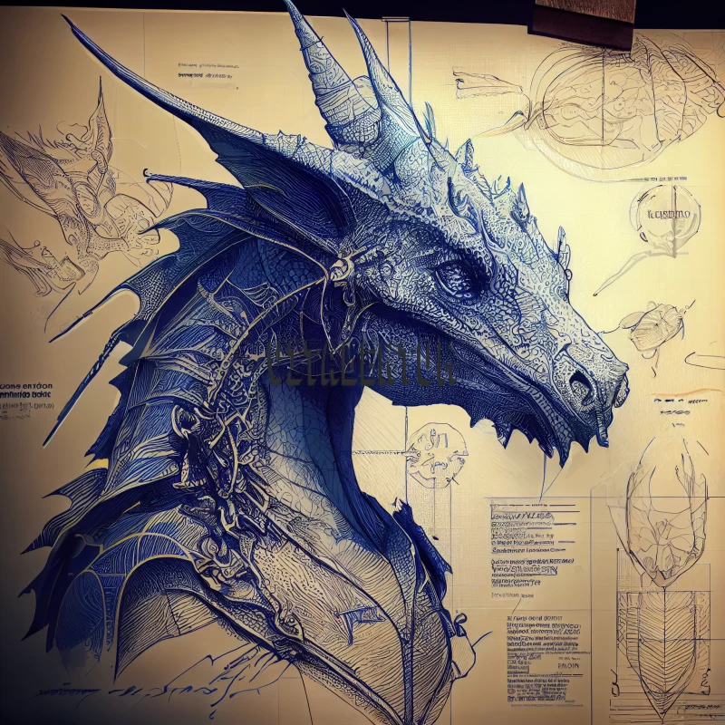 Portrait Sketch Of The Blue Warrior Dragon By Leonardo Da Vinci AI Image