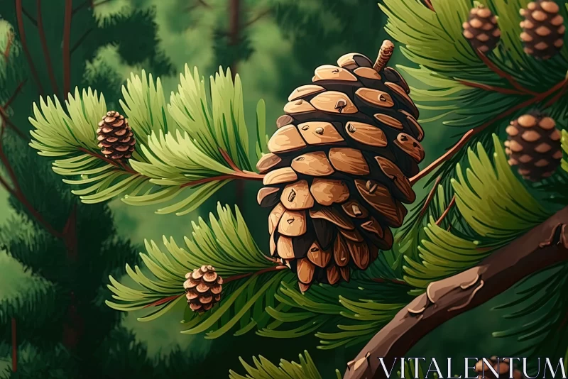 Nature's Abundance: Closeup of Pine Cone Perched on Forest Tree Branch AI Image
