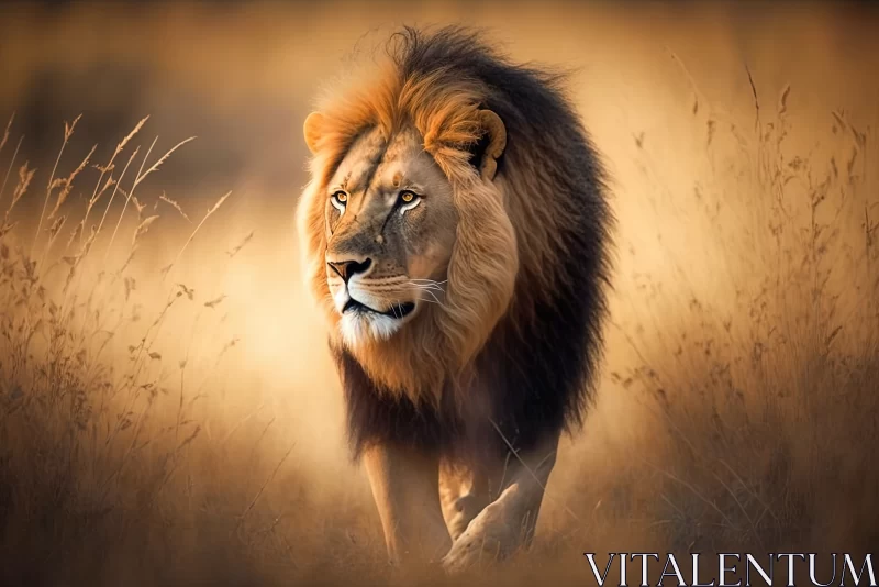 Regal Roam: Captivating Male Lion Striding Across the Field AI Image