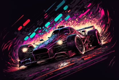 Race into Neon Nights: Vector Artwork of Racing Car against Flashing Vibrant Lights