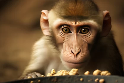 Intimate Encounter: Close-up of a Rhesus Macaque Monkey Enjoying a Meal AI Image