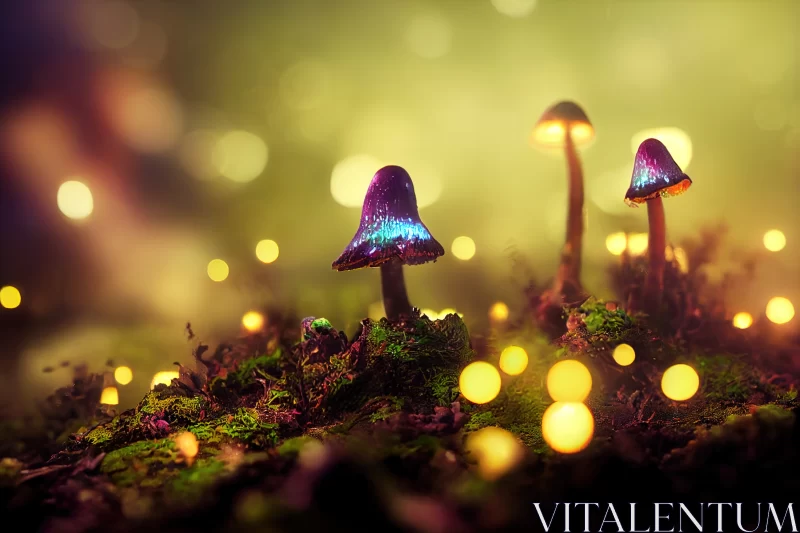 Ethereal Glow: Fantasy Neon Mushrooms Illuminate the Mystery of the Dark Forest in Close-Up AI Image