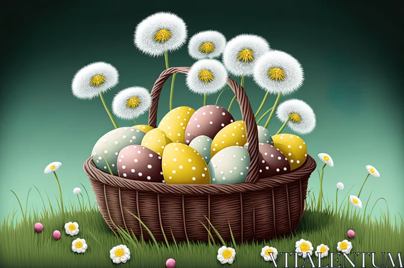 Joyful Spring Delights: Easter Egg Basket in Dandelion Field AI Image