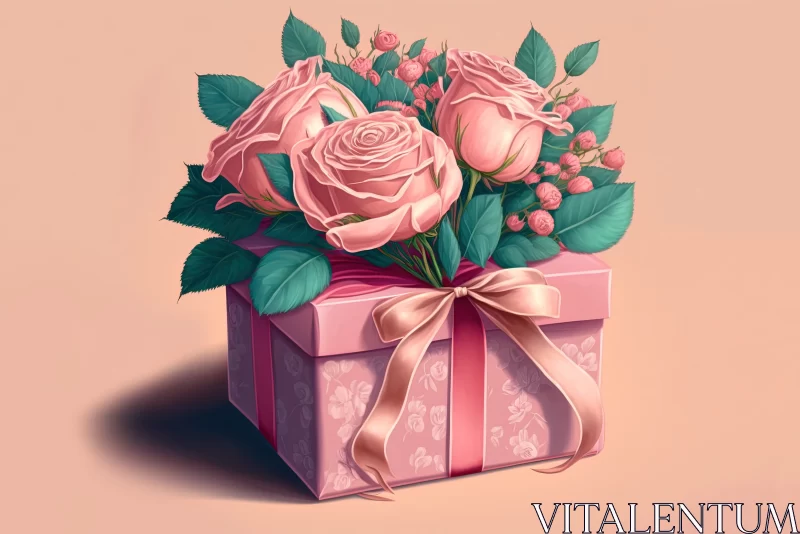 Tokens of Affection: Gift Box Wrapped in Pink Paper with Ribbon, Accompanied by a Bouquet of Beautif AI Image