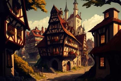 Whimsical Charm: Cartoon Caricature of a Medieval Town with Houses, Streets, and Castle on a Backgro