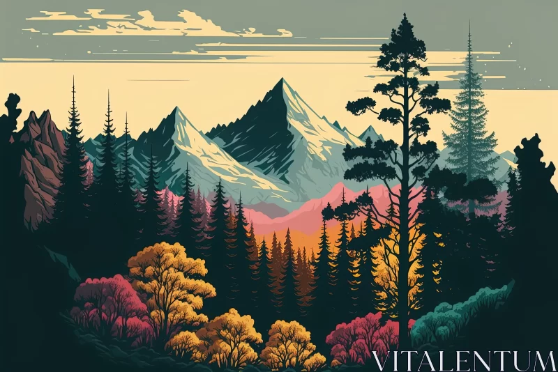 Vibrant Wilderness: Exploring the Colorful Forest and Majestic Mountain Range AI Image