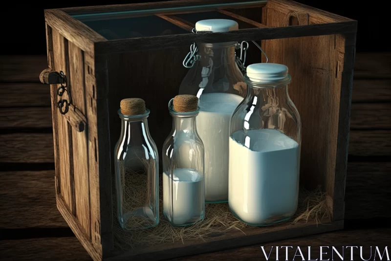 Rustic Charm: Glass Jars with Fresh Milk in a Wooden Box AI Image