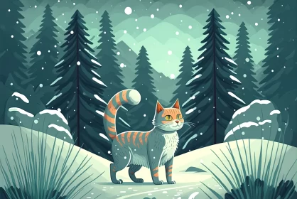 Winter Wanderlust: Cute Cartoon Cat Wandering in the Winter Forest