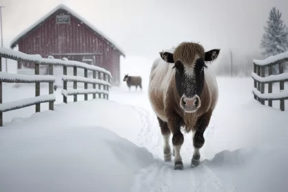 Farm Animals Walking on Snowy Countryside in Northern Sweden AI Image